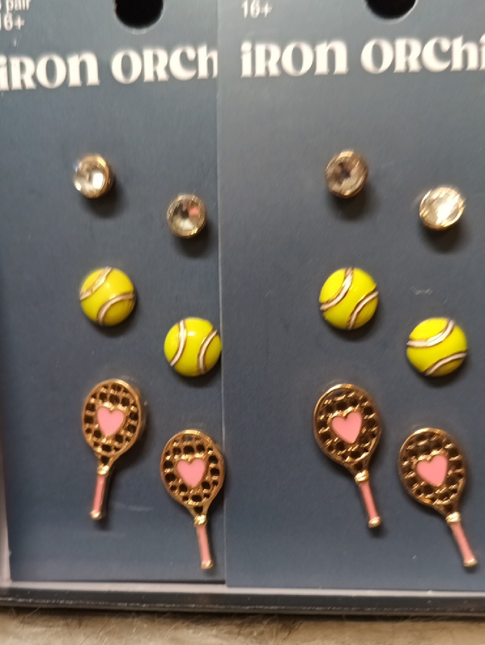 Iron Orchid Tennis Ball & Pink Heart Racket Earring Trio - Yellow & Pink